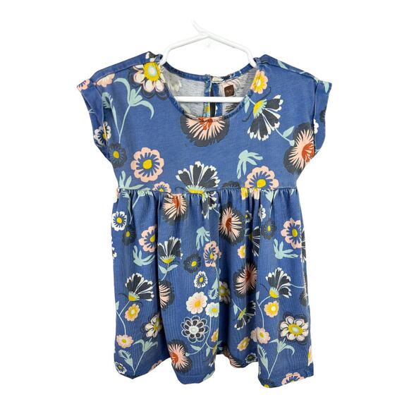 Tea Girls size 3 Floral Printed Short Sleeve Skater Twirling Cotton Dress Blue - Picture 1 of 9